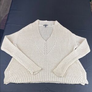 Eileen Fisher Ecru cream V-Neck Sweater cotton linen blend cable knit size large